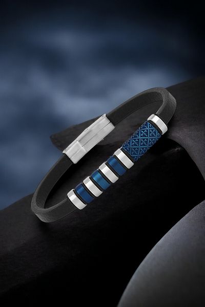 Daniel Klein Original Black Leather and Metal Bracelet for Men with Clip Clasp Dkeblk2017C1