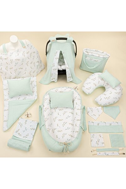 Yunikobaby طقم كامل 18 قطعة - وجهين - موسلين نعناعي - أوراق شجر