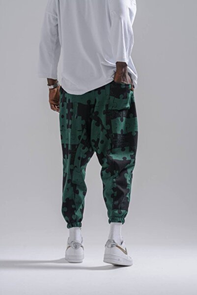 Superbluemexico Men's Patterned Jogger Khaki Baggy Trousers