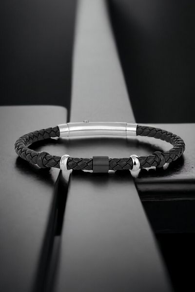 Daniel Klein Original Men's Bracelet Genuine Leather Stainless Steel Detailed Black Color Snap Buckle