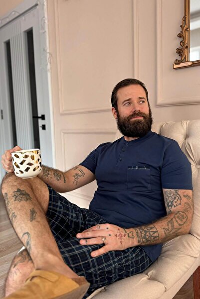 Pijamaevi Men's Short Sleeve Pajamas Set with Navy Plaid Pocket Detail Shorts