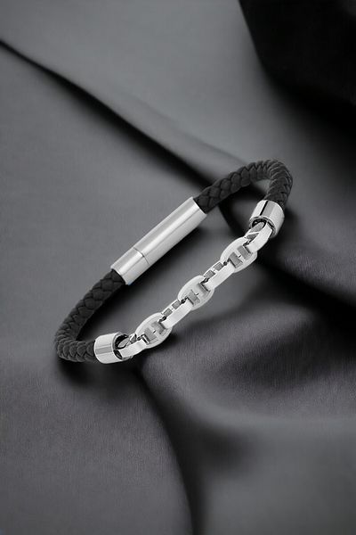 Daniel Klein Men's Bracelet Genuine Leather Stainless Steel Detailed Black Color Snap Buckle