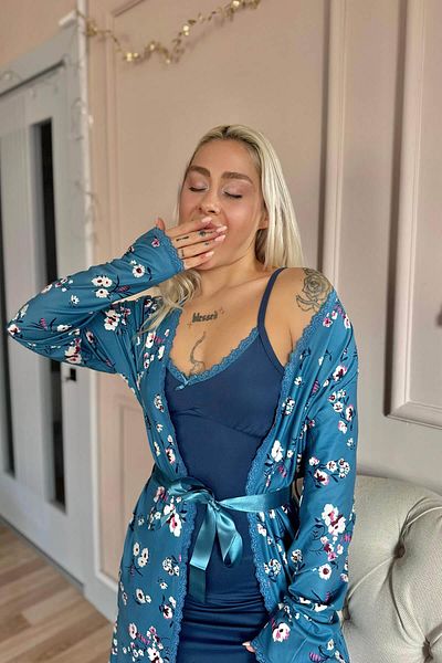 Pijamaevi Navy Blue Midnight Exclusive Knitted Dressing Gown Nightgown Women's Pajamas Set