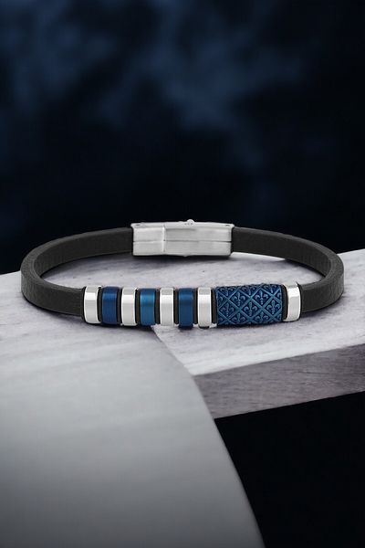 Daniel Klein Original Black Leather and Metal Bracelet for Men with Clip Clasp Dkeblk2017C1