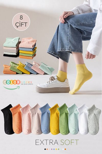 Color Socks Комплект от 8 чифта дамски екстра меки цветни колежански чорапи с половин крак (не изпотяват се)
