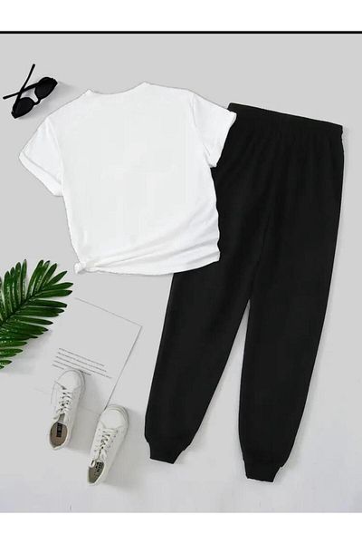 caddekombin Women's Love Printed T-Shirt Sweatpants Jogger Casual Fit Black White Tracksuit Set