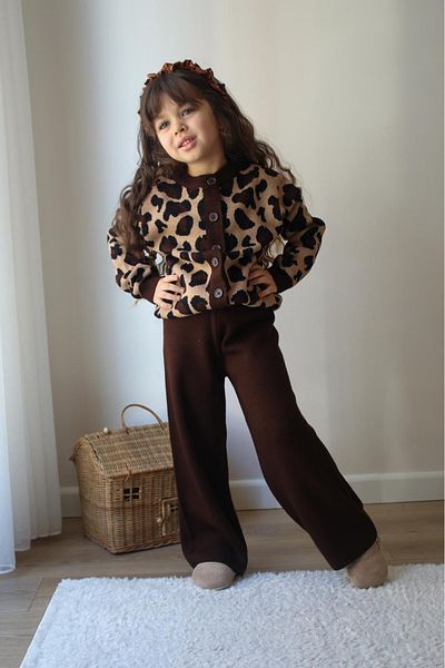 Elidabutik Leopard Print Trousers Cardigan Knitwear Set