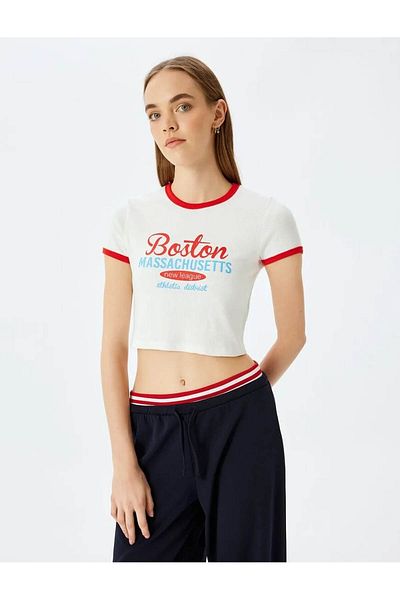 Koton Printed Short Sleeve Crew Neck Slim Fit Crop Camisole T-Shirt