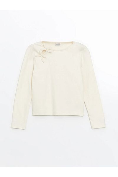 LC Waikiki LCW Kids Ecru Crew Neck Φιόγκος Λεπτομερές κοριτσίστικο Crop T-shirt