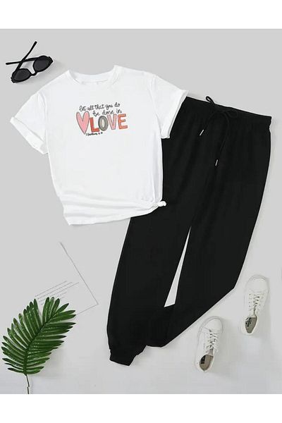 caddekombin Women's Love Printed T-Shirt Sweatpants Jogger Casual Fit Black White Tracksuit Set