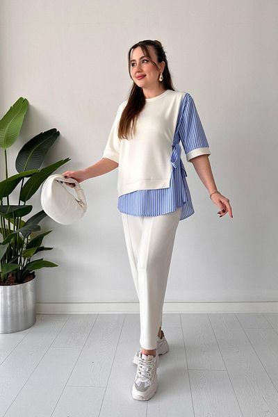MaziButik White Short Sleeve Garnished Set