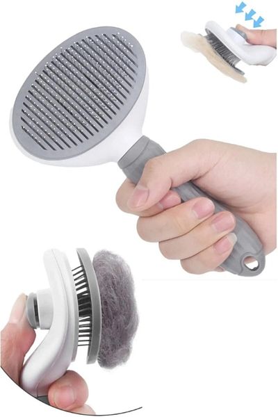 TİNEKE Luxurious Gray Automatic Key Animal Brush - Cat Dog Hair Collector Comb