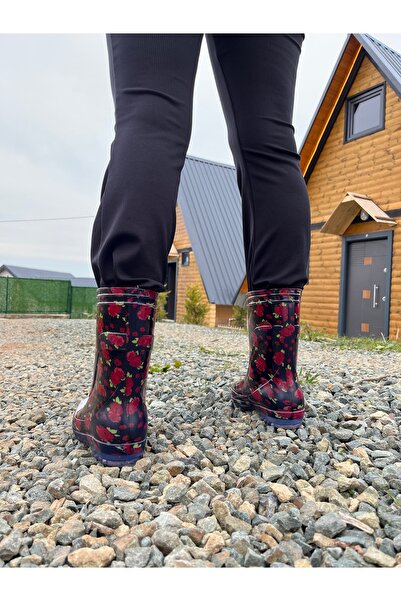BOTMAX Kırmızı Çiçekli Kadın Yağmur Çizmesi