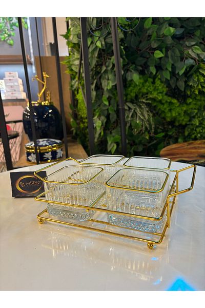 Paşabahçe Ars Pasabahce Elysia Gilded Square Bowl, Metal Gold Stand 4 Snack Bowl, Presentation, Breakfast