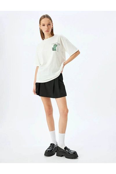 Koton Γυναικείο μπλουζάκι με στάμπα Cat Crew Neck Ecru 5sal10189ık
