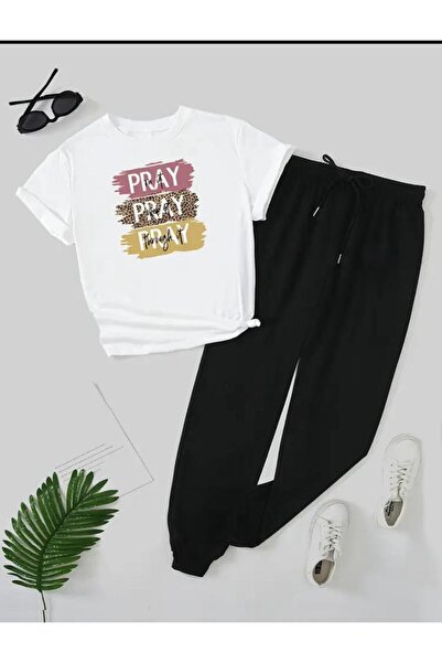 caddekombin Γυναικείο μπλουζάκι με στάμπα Pray και φούτερ Jogger - Μαύρο και ...
