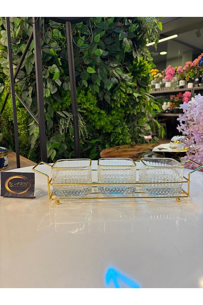 Paşabahçe Ars Pasabahce Elysia Gilded Square Bowl Metal Gold Stand 3 Snack Bowl, Sugar Bowl, Presentation Bowl, Plate