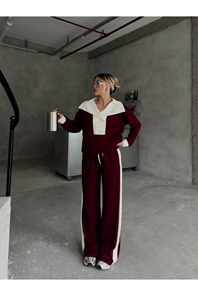 dignus DEVRİK YAKA DÜĞMELİ ŞERİT DETAYLI GENİŞ PAÇALI MODAL KUMAŞ EŞOFMAN TAKIM