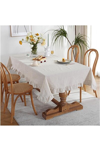 Sister Home Design Vintage Keten Fırfırlı Masa Örtüsü Dayanıklı Pamuk Keten -...