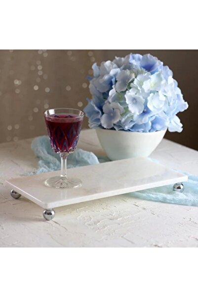 Akayev Mermer Beyaz 30x15 cm Gümüş Boncuk Ayaklı Sunum Tabağı