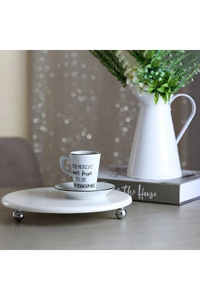 Akayev Marble White 25 Cm Silver Bead Foot Round Presentation