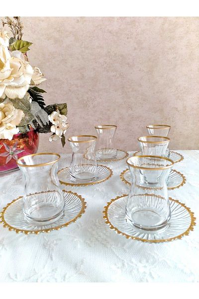 Paşabahçe 12 Pieces Gold Gilt Tea Set for 6 People, Dowry Gift
