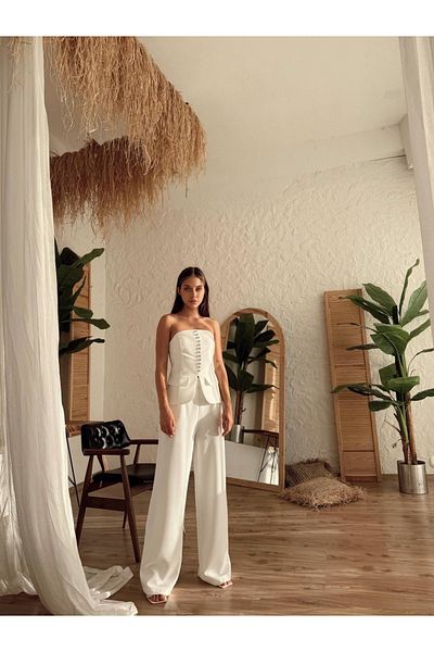 Çnru Two-Piece Set with Sleeveless Bustier and Wide-Leg Pants - Button Detail and Zip-Up