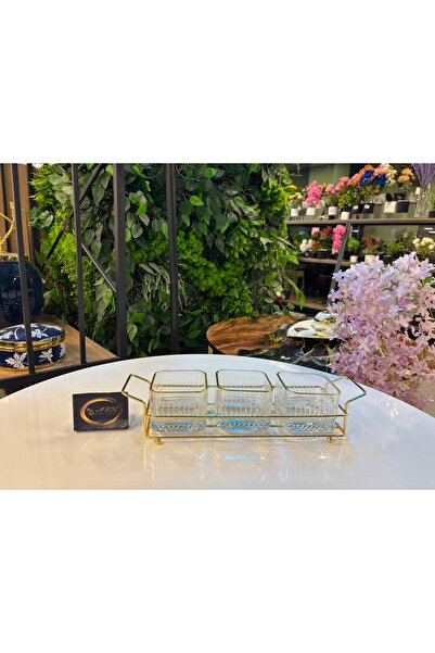 Paşabahçe Ars Pasabahce Elysia Gilded Square Bowl Metal Gold Stand 3 Snack Bowl, Sugar Bowl, Presentation Bowl, Plate