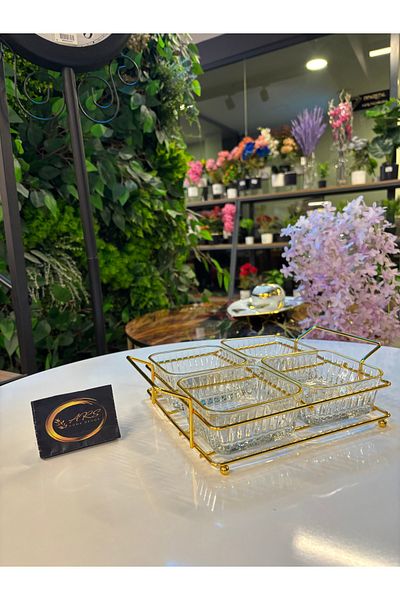 Paşabahçe Ars Pasabahce Freesia Gilded Square Bowl, Metal Gold Stand 4 Snack Bowl, Presentation, Breakfast