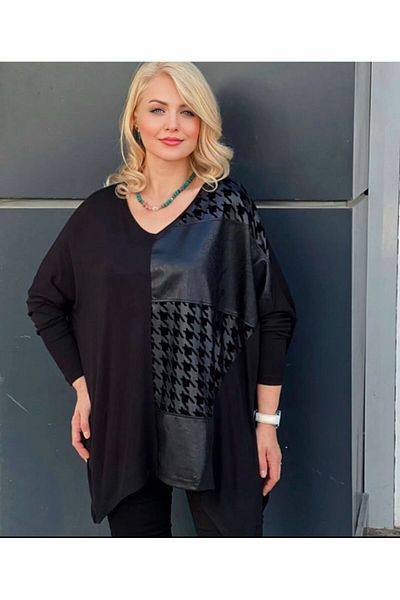 THE CABIN Women's Plus Size Houndstooth Pattern Faux Leather Detail Blouse