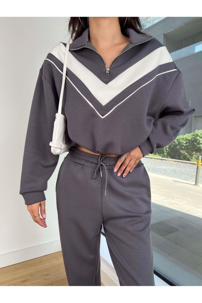 02Lady Fashion Stand Collar Half Zip Garnish Modal Fabric Suit