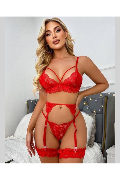 İntive Lingerie Red Lace Beleng - Thin Straps Elegant Leg Accessory Set