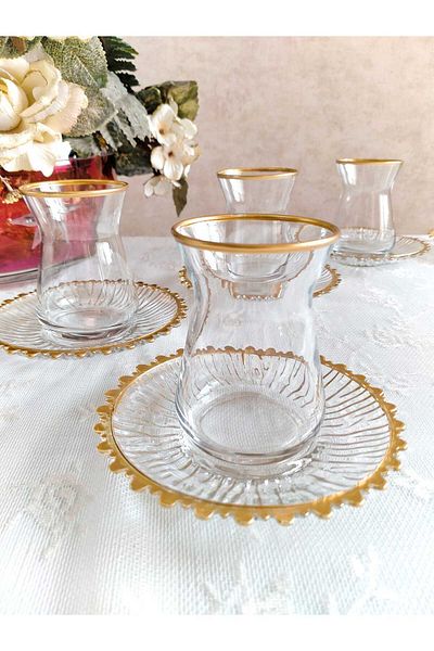 Paşabahçe 12 Pieces Gold Gilt Tea Set for 6 People, Dowry Gift