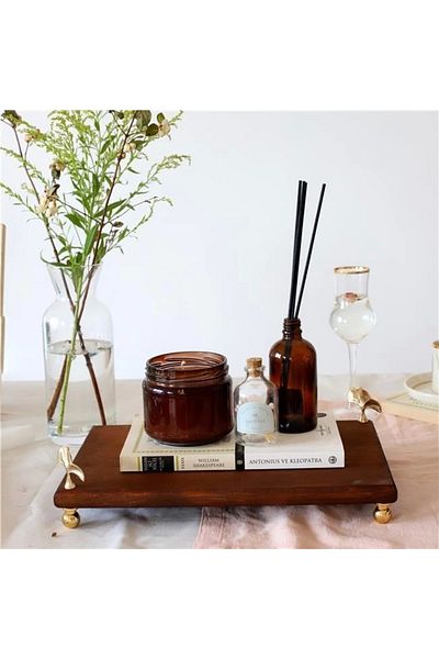 Akayev 30x19 Cm Ginkgo Presentation Plate - Wooden, Gold Legs