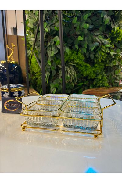 Paşabahçe Ars Pasabahce Freesia Gilded Square Bowl, Metal Gold Stand 4 Snack Bowl, Presentation, Breakfast