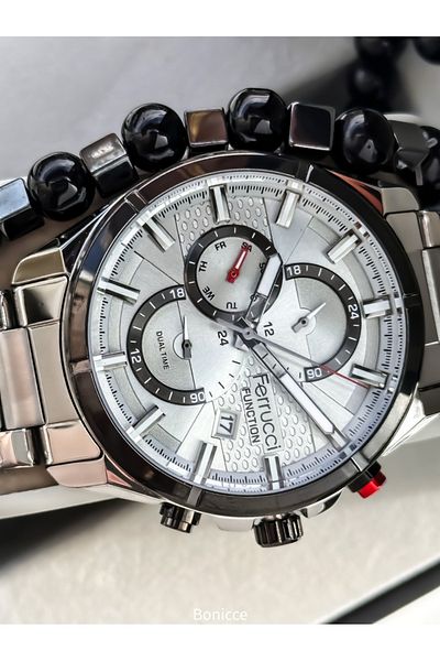 Ferrucci Men's Wrist Watch - Silver Color, Steel Band, Gray Dial, Bracelet Rosary