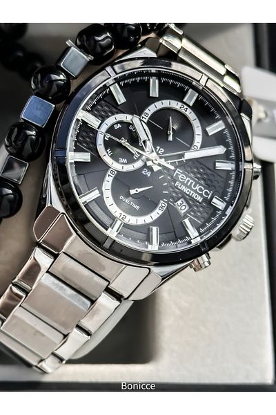 Ferrucci Brand Functions Active, Silver Color Steel Band, Black Dial Men's Wrist Watch Bracelet Rosary