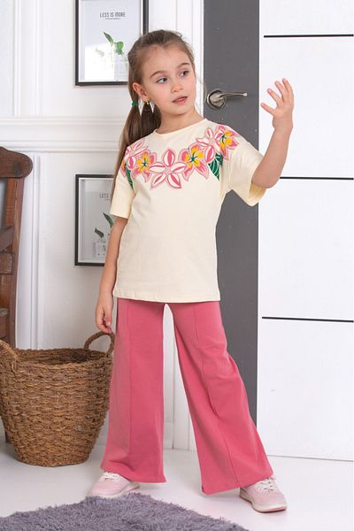 tunays shopping Spanish Leg Leggings Pants Floral Printed Oversize Tshirt Girls' Bottom Top Set