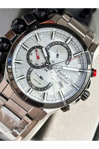 Ferrucci Men's Wrist Watch - Silver Color, Steel Band, Gray Dial, Bracelet Rosary