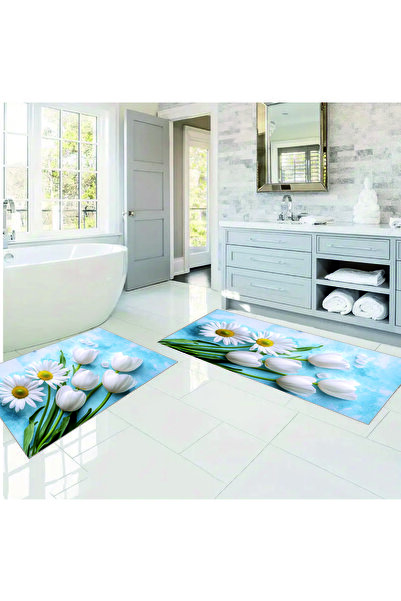 krm dünya ürünleri Papatya Desenli Kaymaz Taban Yıkabilir Banyo Paspas Takımı...