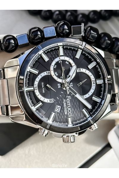 Ferrucci Brand Functions Active, Silver Color Steel Band, Black Dial Men's Wrist Watch Bracelet Rosary
