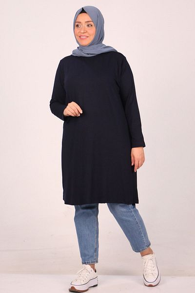 Eslina 38501 Large Size Navy Blue Combed Cotton Tunic - Basic Model