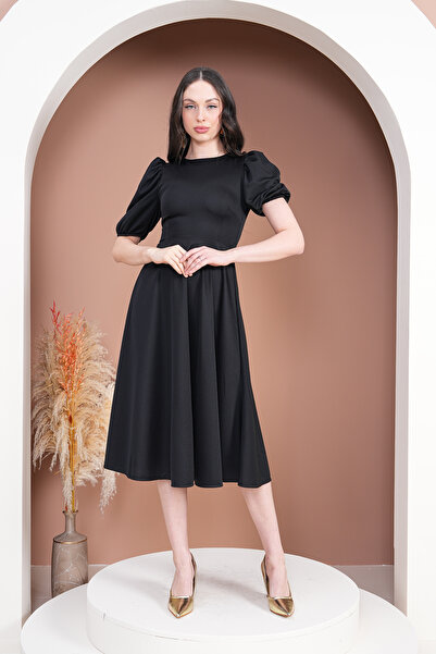 Varyete Μίντι Μήκος Φαρδύ Φόρεμα - Σχέδιο Μπαλόνι Μανίκι