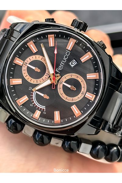 Ferrucci Brand Black Color Steel Band, Green Dial, Men's Wrist Watch Bracelet with Calendar Rosary