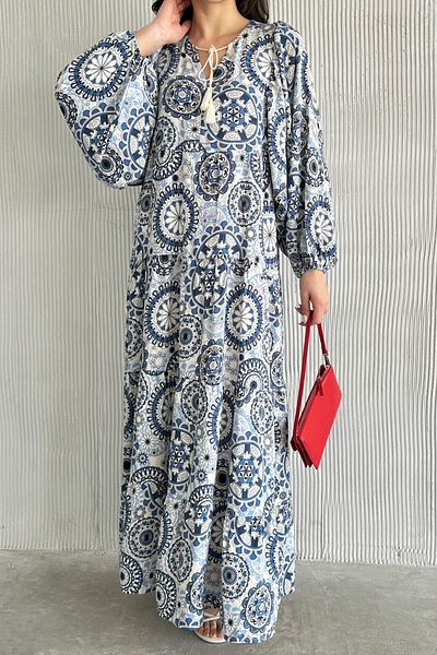 ASEDE 100% Viscose Bohemian Alaçatı Dress Collar Tie-Up Patterned Viscose Dress Suitable for Hijab Dress