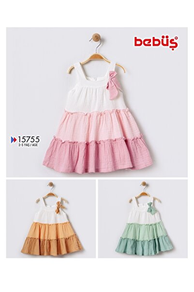 Bebüş Розова рокля за момиче от муселинов плат с разкроена кройка и панделка, без презрамки и презрамка за врата, 15755