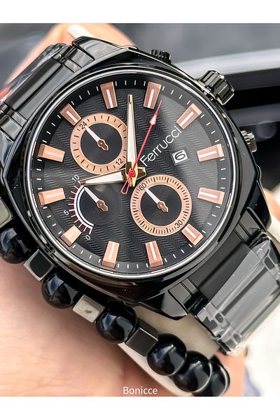 Ferrucci Brand Black Color Steel Band, Green Dial, Men's Wrist Watch Bracelet with Calendar Rosary