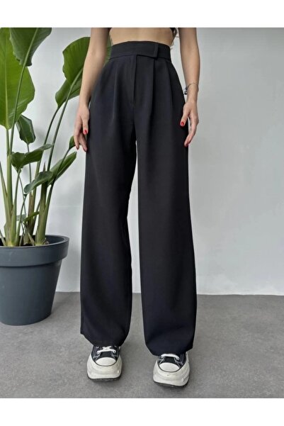 MKABUTİK Kadın Yüksek Bel Cırtcırtlı Bol paça Palazzo Pantolon