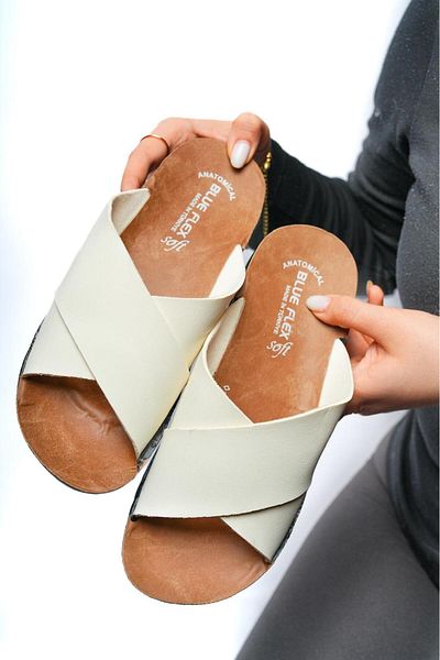 PUREFY Women's Cream Evening Dress - Orthopedic, Anatomical, Stylish Summer Slippers with Cross Straps
