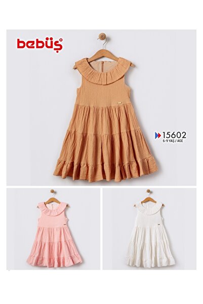 Bebüş Тканина таба муслін - сукня для дівчинки з круглим коміром і кльош-кльош 15602